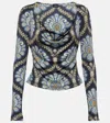 Etro Printed Jersey Open-neck Knit Top In Blue