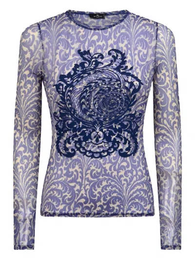 Etro Semi-sheer Crew Neck Long Sleeve Top In Blue