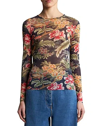 Etro Semi Sheer Floral Long Sleeve Top In Black