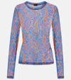 Etro Semi-sheer Velvet-trimmed Tulle Top In Blue