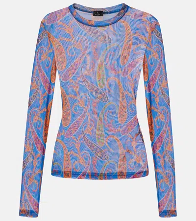 Etro Semi-sheer Velvet-trimmed Tulle Top In Blue