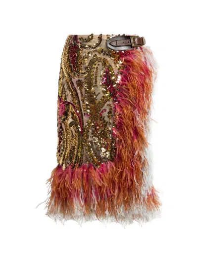 Etro Sequined Skirt With Feather Trim In Multi
