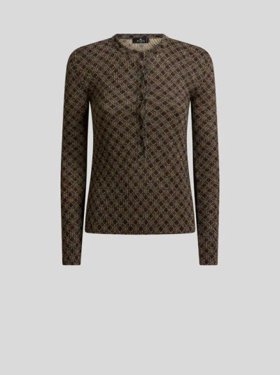 Etro , Serafino-pullover Im Rippstrick Mit Mikro-rautenmuster, Damen, Grün, Grösse 48 In Gray
