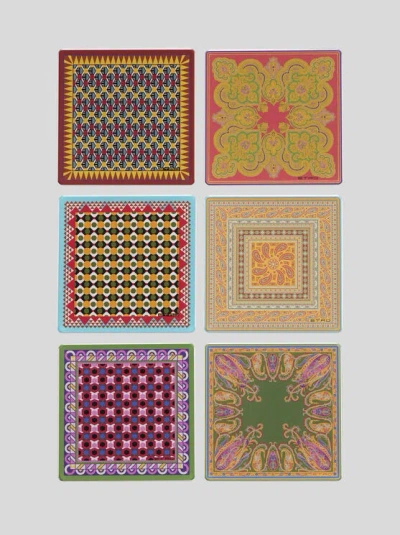 Etro Set Of Six Coasters With Various Motifs In Multi