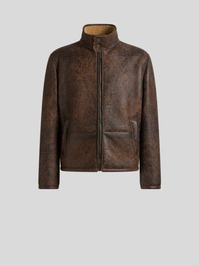 Etro , Shearling Jacket With Print, Man, Brown, Size Xxl