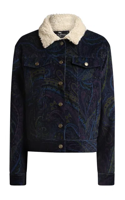 Etro Shearling-trimmed Denim Jacket In Floral