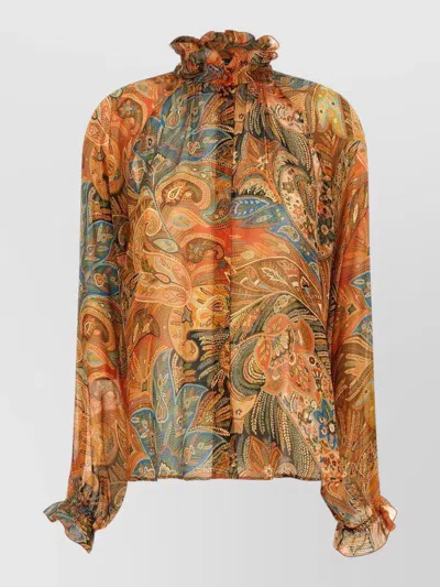 Etro Sheer Chiffon Shirt Paisley Ruffle Neckline In Orange