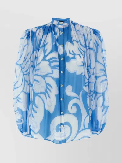 Etro Sheer Fabric Puff Sleeves Floral Shirt In Blue