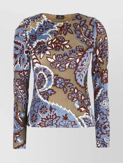 Etro Sheer Floral Paisley Embroidered Tulle Top In Blue