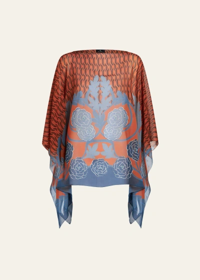 Etro Sheer Floral Wool & Cashmere Poncho In Print On Blue Bas