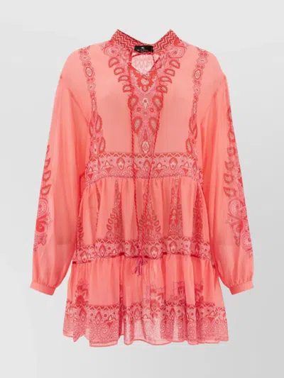 Etro Sheer Paisley Tiered Long Sleeve Tops In Pink