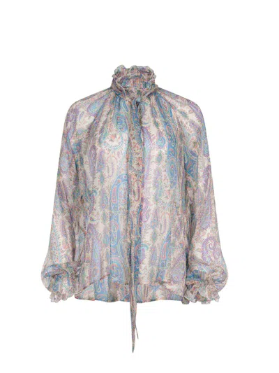 Etro Women Silk Crepon Blouse With Scarf And Paisley Foliage Motif In Multi