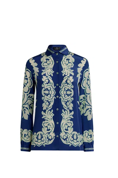 Etro Silk Shirt With Placed Floral Print In Blue