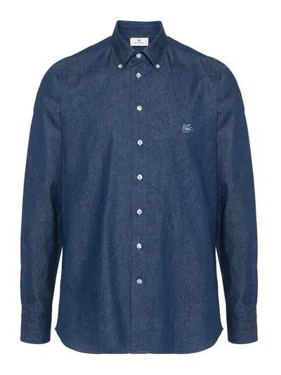 Etro Paisley Washed Denim Shirt In Blue