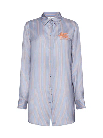 Etro Logo-embroidered Silk Shirt In Blue