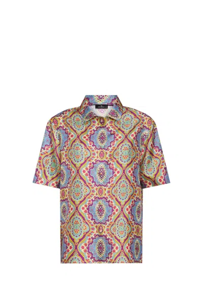 Etro Printed Silk Short Sleeve Bowling Shirt In Multi Lilac