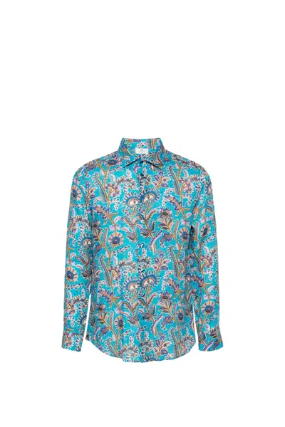 Etro Floral-print Linen Shirt In Clear Blue