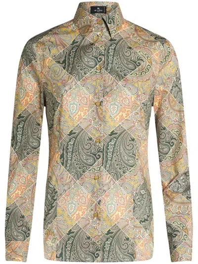 Etro Printed Popeline Shirt With Patchwork Paisley Print In Yellow
