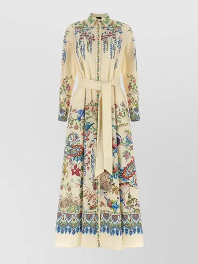Etro Shirt Dress Belted Waist Long Sleeves Embroidery In Multi