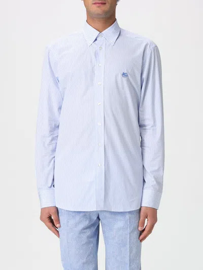 Etro Striped Embroidered-logo Cotton Shirt In Blue