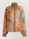 Etro Sheer Chiffon Shirt Paisley Ruffle Neckline In Brown