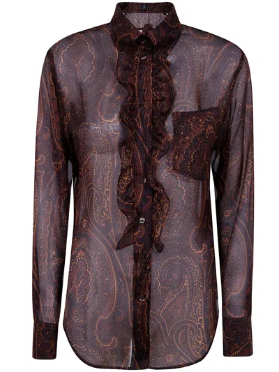 Etro Ruffle Front Silk Shirt In Red