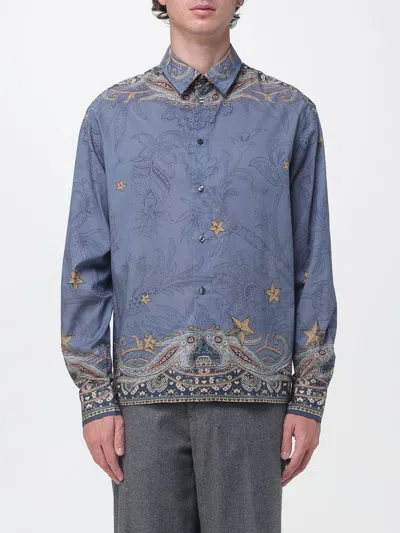 Etro Cotton Muslin Shirt With Placed Pegaso Print In Blue