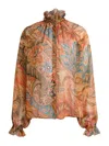 Etro Sheer Chiffon Shirt Paisley Ruffle Neckline In Orange