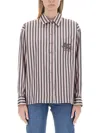 Etro Boyfriend Awning Striped Shirt With Logo Embroidery In Pink