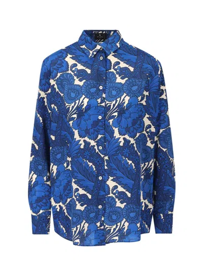 Etro , Silk Shirt With Maxi Floral Print, Woman, Navy Blue, Size 38 In Stampa F.do Azzurro