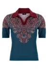 Etro Collared V-neck Polo With Patterned Ribbed Cuffs In Blue