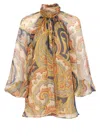 Etro Abstract Floral Silk Chiffon High-neck Blouse In Beige