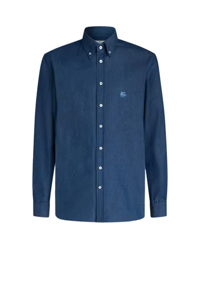 Etro Blue Paisley Print Logo Denim Shirt