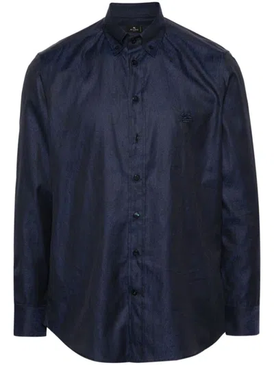 Etro Pegaso-motif Cotton Shirt In Blue