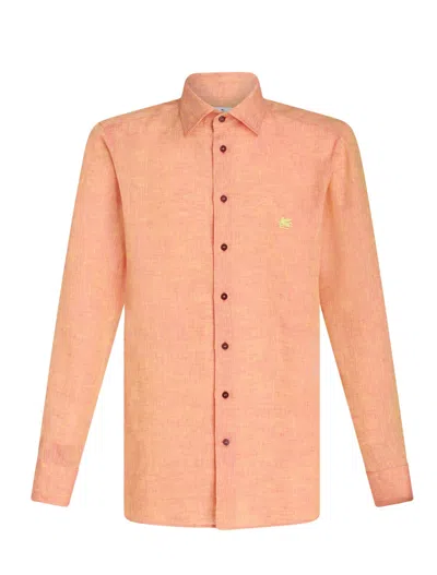 Etro Pegaso-embroidered Linen Shirt In Orange