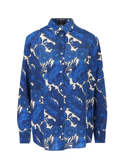 Etro , Silk Shirt With Maxi Floral Print, Woman, Navy Blue, Size 38 In Stampa F.do Azzurro