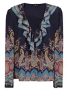 Etro Women's Long Sleeve Ruffled Neck Paisley Top In Blue
