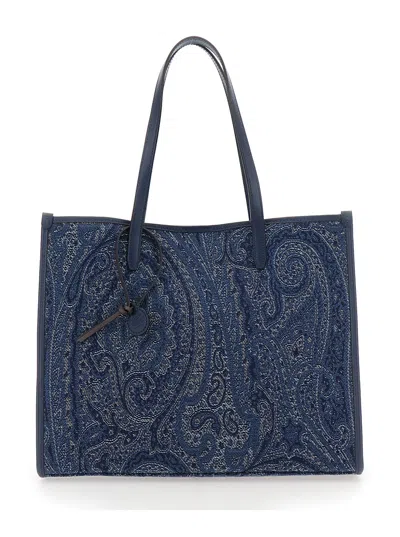 Etro Shopping Lovtter L Jacquard Denim Tote Bag With Internal Pockets In Blu