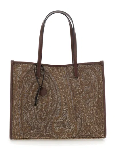 Etro Shopping Lovtter L Jacquard Denim Tote With Leather Handles 31x34x13 Cm In Brown