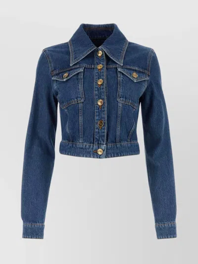 Etro Short Denim Jacket With Pockets And Stitching In Blue