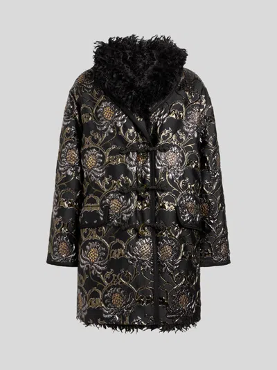 Etro , Short Jacquard Coat With Belt And Faux Fur, Woman, Black, Size 38