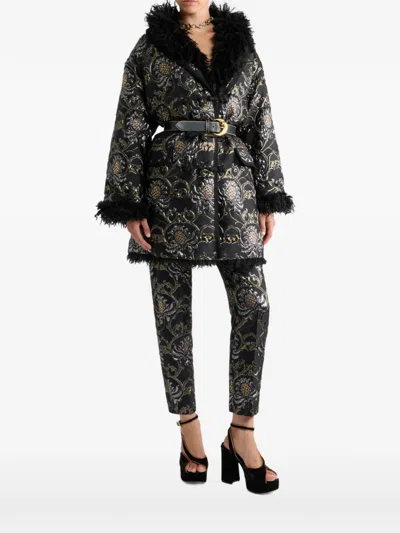 Etro Short Jacquard Coat With Belt And Faux-fur In Black