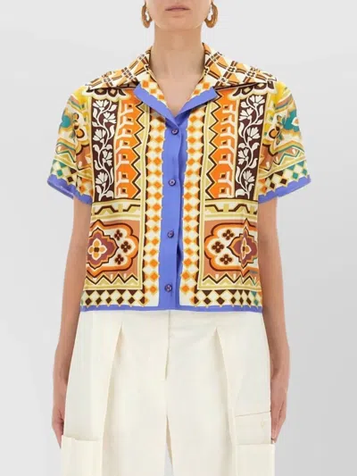 ETRO SHORT SLEEVE COLLARED CROPPED PRINT TOP