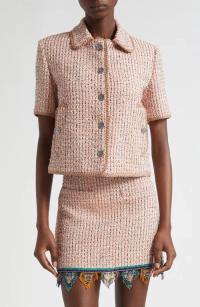 Etro Short Sleeve Crop Tweed Jacket In Brown