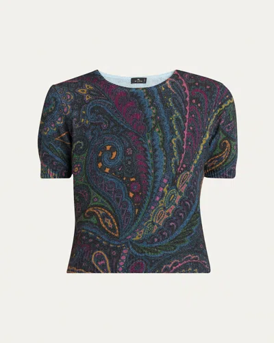 Etro Short-sleeve Knit Paisley Sweater In Blue
