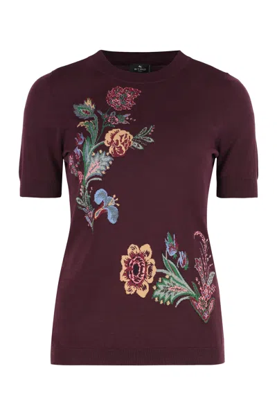 Etro Short Sleeve Ribbed Knit Sweater In Burgundy