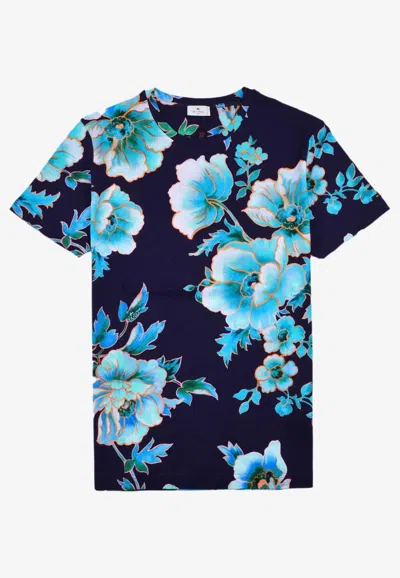 Etro Flower Print Cotton Jersey T-shirt In Blue