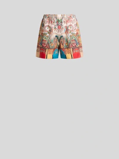Etro , Shorts Aus Peau-d'ange-seide Mit Paisley-foliage-motiv, Damen, Weiss, Grösse 50 In White