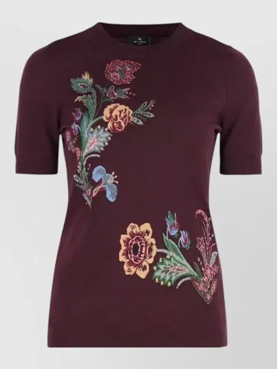 Etro Short-sleeve Wool Sweater In Burgundy