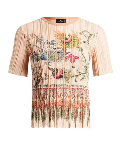 Etro Short-sleeved Cotton-blend Sweater With Pleating And Placed Print In Brown